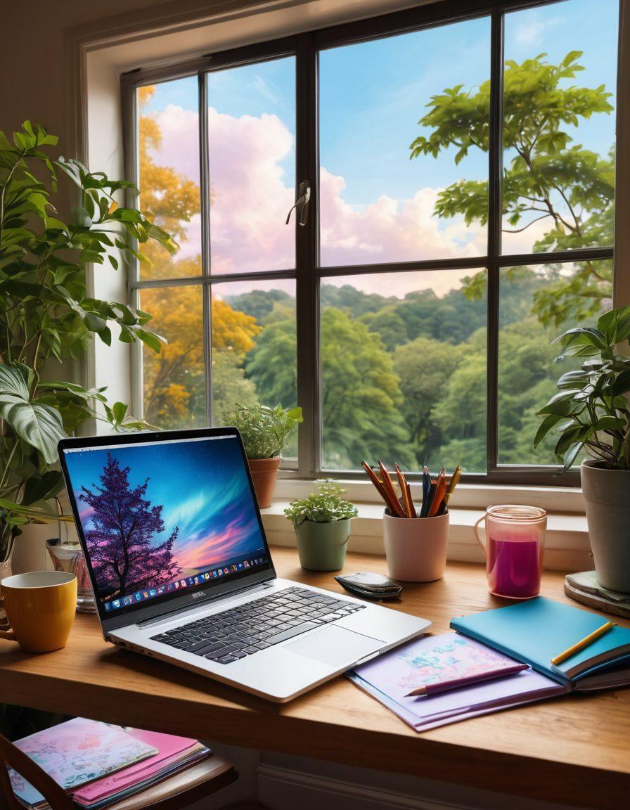 A beautifully lit workspace featuring a laptop with an open blogging platform, surrounded by colorful stationery and a steaming mug of coffee. A whimsical mind map floats above the desk, illustrating creative ideas and digital diary entries. The background shows a window with greenery and a bright sky for inspiration. The overall vibe is inviting and motivational, encouraging creativity and personal expression. vibrant colors. super-realistic.