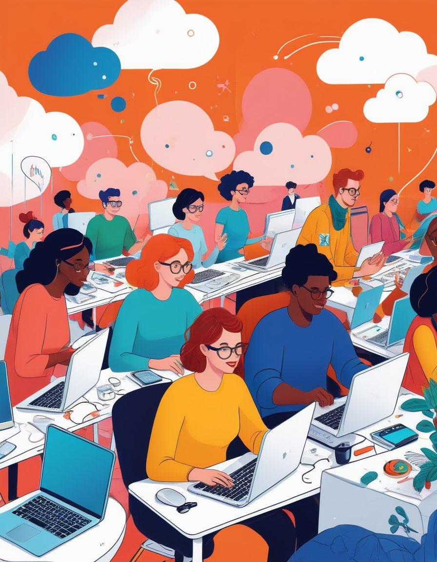 A vibrant, whimsical illustration of a diverse group of content creators navigating a colorful blogosphere, featuring laptops, speech bubbles, and engagement metrics floating around them. The scene should depict different styles of content creation, like video, writing, and podcasts, blending harmoniously in a digital landscape. Bright, engaging colors to evoke creativity and connection. cartoon style. vibrant colors. white background.