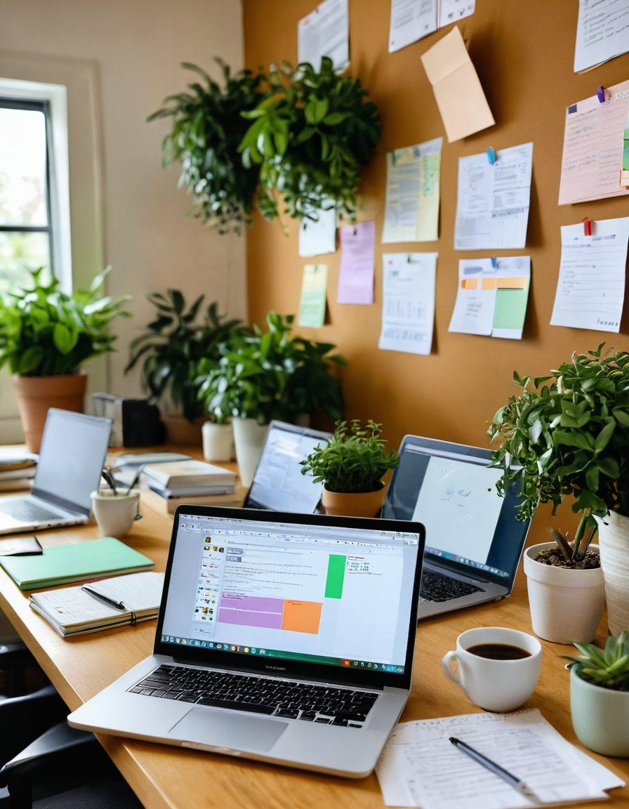 A cozy, inviting workspace with a diverse group of people gathered around laptops, discussing ideas and sharing tips for successful blogging. Include a large bulletin board filled with colorful notes and strategies, a steaming cup of coffee on a table, and greenery in the background to symbolize growth. The atmosphere should feel collaborative and inspiring. vibrant colors. super-realistic. soft focus.